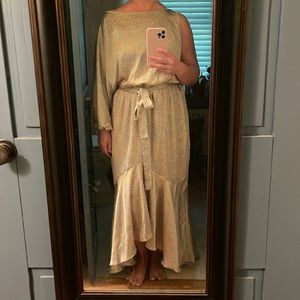 NWOT VICI Untamed Leopard one sleeve high low maxi dress Color-Lime